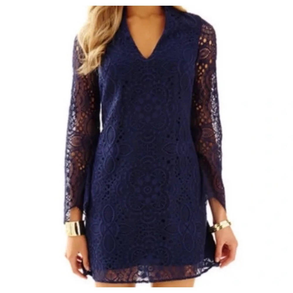 Lilly Pulitzer Felicity Dress Navy Blue Sunburst Lace V Neck Long Sleeve 2 Lined